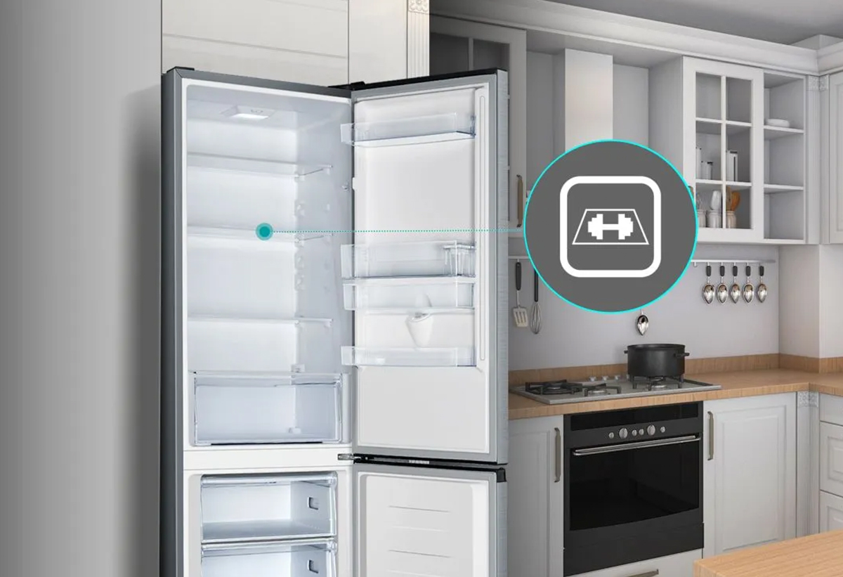 Απεικονίζεται το ψυγείο ανοιχτό με εικονίδιο που δείχνει την αντοχή των ραφιών.